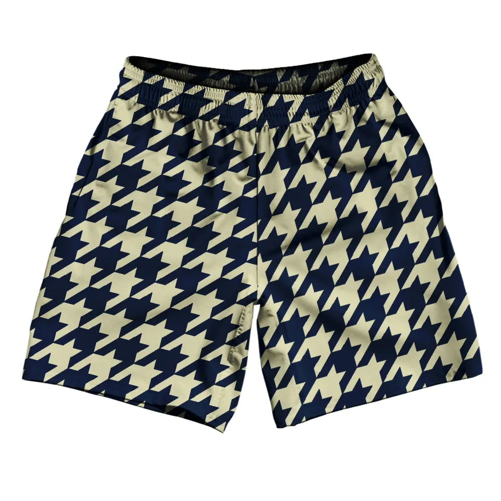 Blue Navy And Vegas Gold Houndstooth Athletic Running Fitness Exercise Shorts 7" Inseam Shorts Made In USA