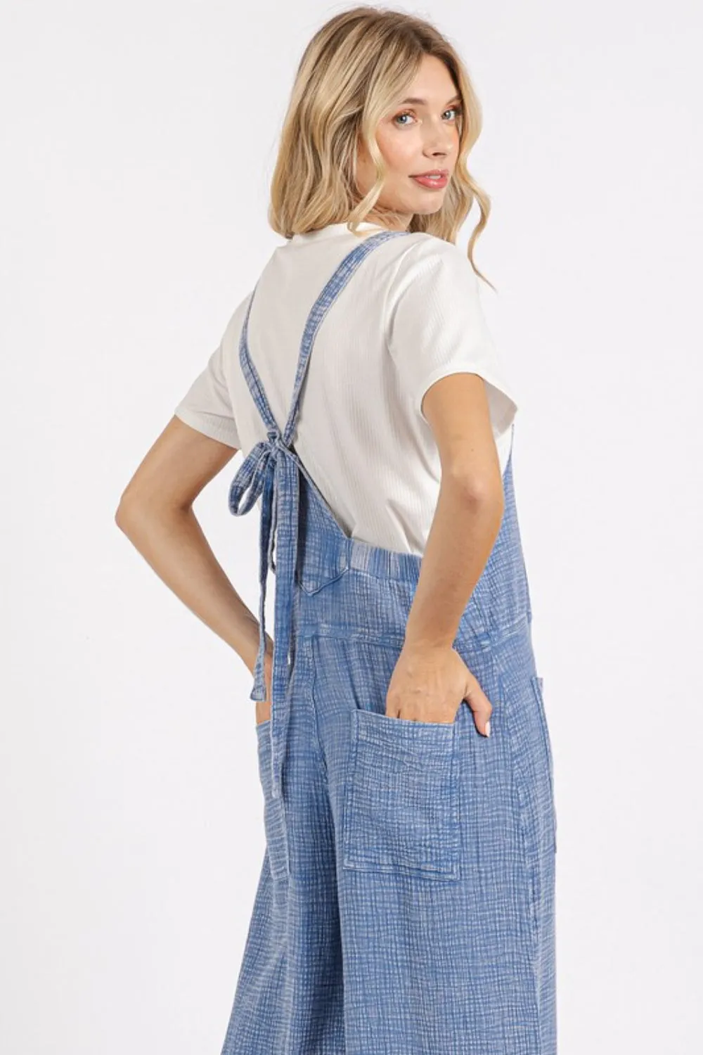 Blue Textured Wide-Leg Overalls – Relaxed Cotton Overalls with Pockets
