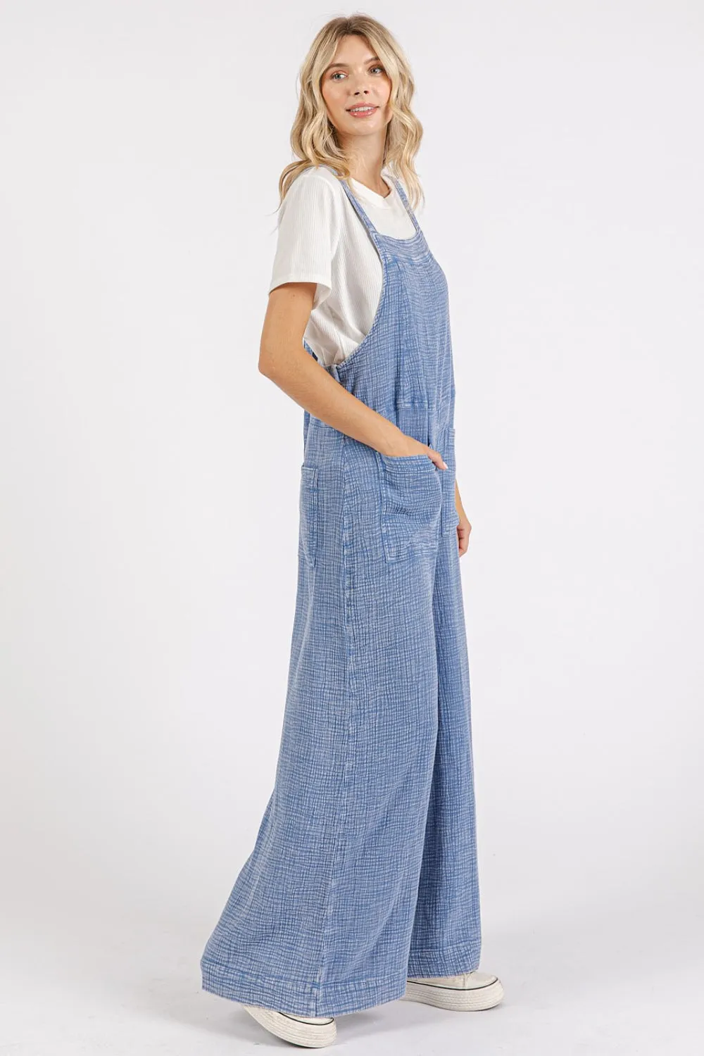 Blue Textured Wide-Leg Overalls – Relaxed Cotton Overalls with Pockets