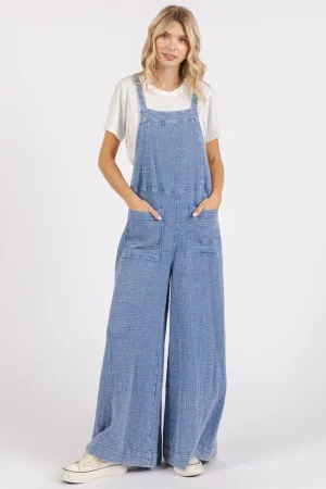 Blue Textured Wide-Leg Overalls – Relaxed Cotton Overalls with Pockets