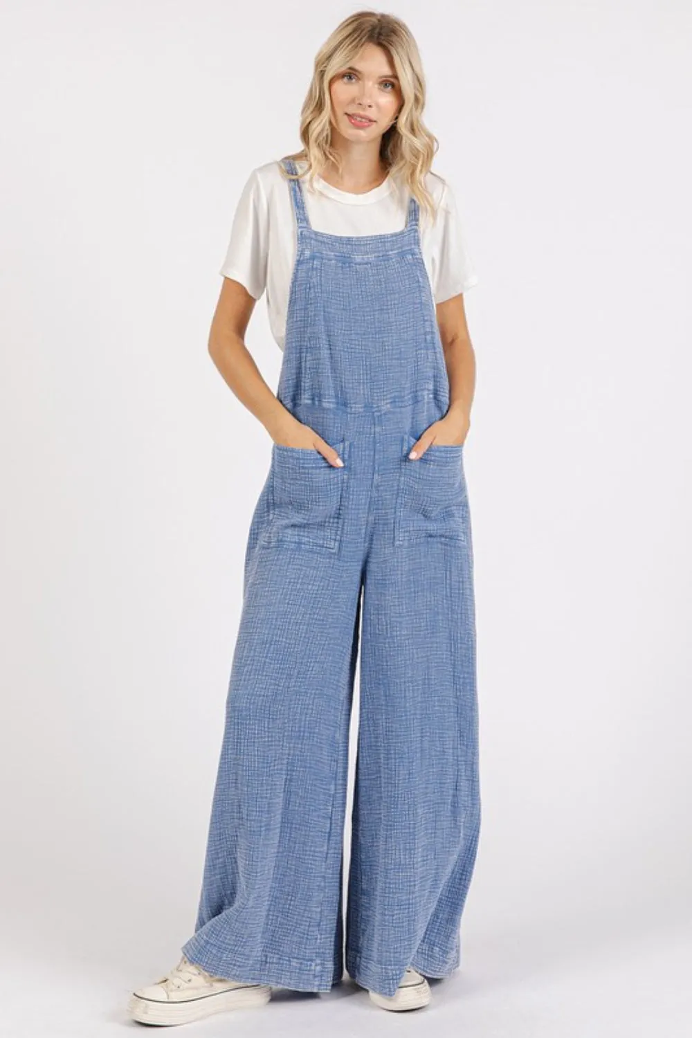Blue Textured Wide-Leg Overalls – Relaxed Cotton Overalls with Pockets