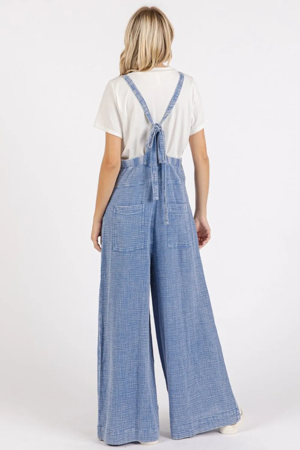 Blue Textured Wide-Leg Overalls – Relaxed Cotton Overalls with Pockets