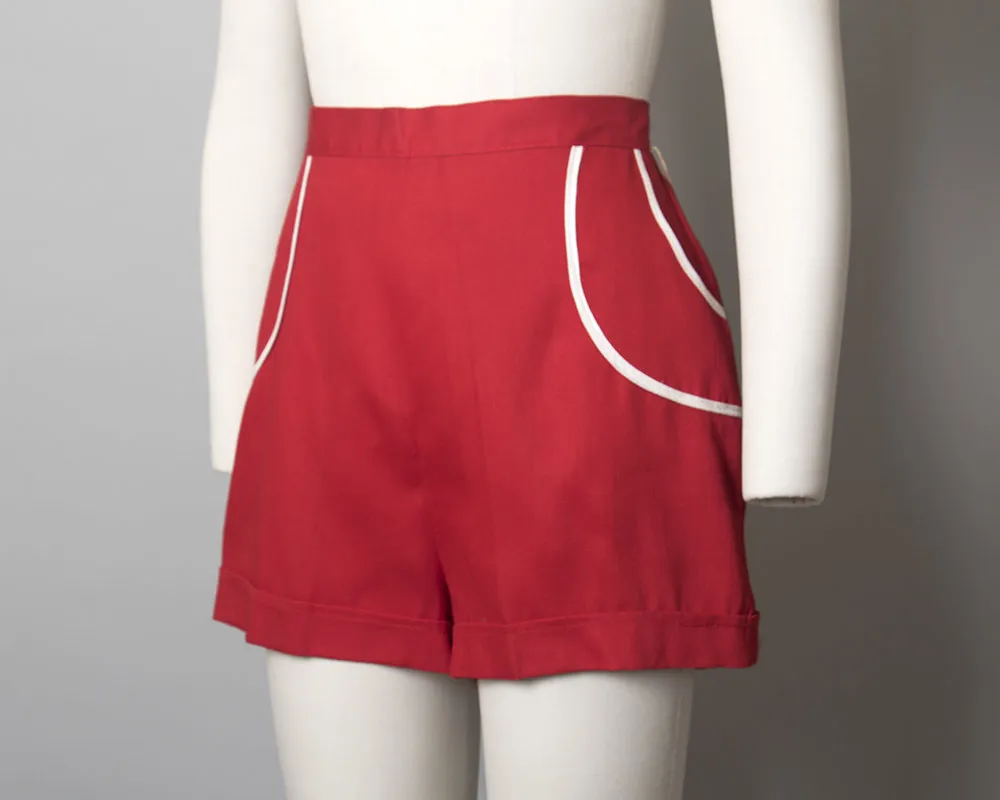Deadstock 1940s Red Cotton High Waisted Shorts | small