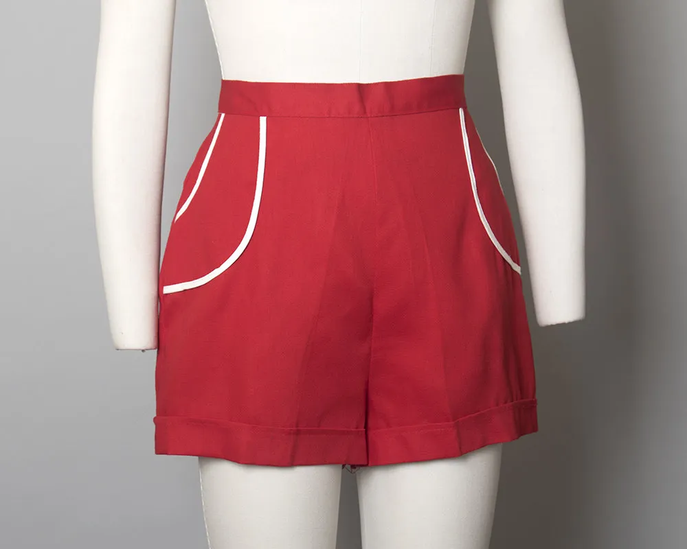 Deadstock 1940s Red Cotton High Waisted Shorts | small