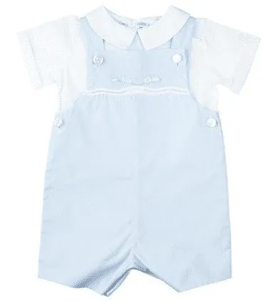 Feltman Brothers Baby Boys Light Blue Embroidery Train Shortall with Shirt