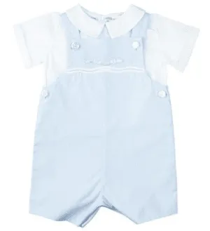 Feltman Brothers Baby Boys Light Blue Embroidery Train Shortall with Shirt