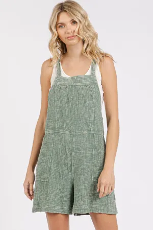 Green Textured Knotted Wide Strap Overalls – Casual Cotton Short Overalls with Pockets