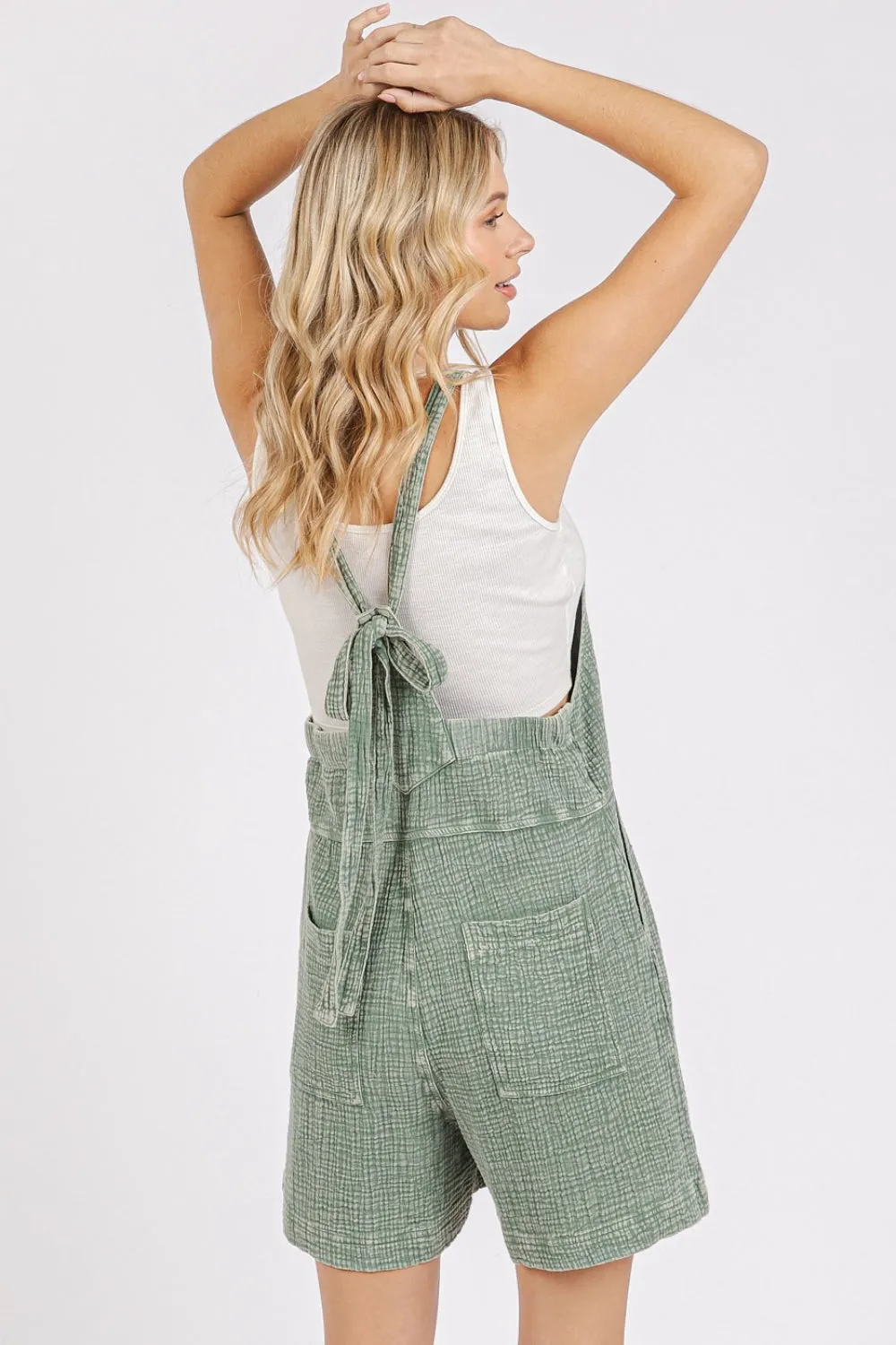 Green Textured Knotted Wide Strap Overalls – Casual Cotton Short Overalls with Pockets