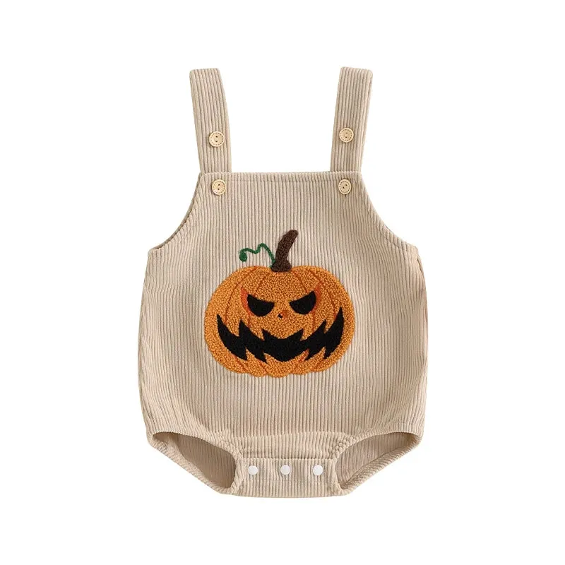 Halloween Baby Girl or Boy Overalls - Pumpkin Embroidered Sleeveless Romper for Fall