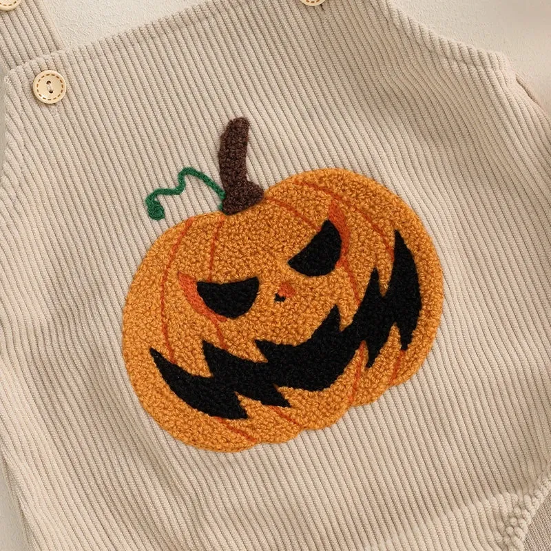 Halloween Baby Girl or Boy Overalls - Pumpkin Embroidered Sleeveless Romper for Fall