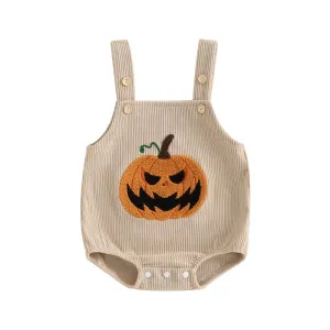 Halloween Baby Girl or Boy Overalls - Pumpkin Embroidered Sleeveless Romper for Fall