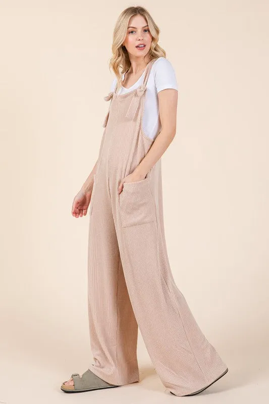 Knot Straps Wide Leg Ribbed Overalls with Pockets in Dust Storm