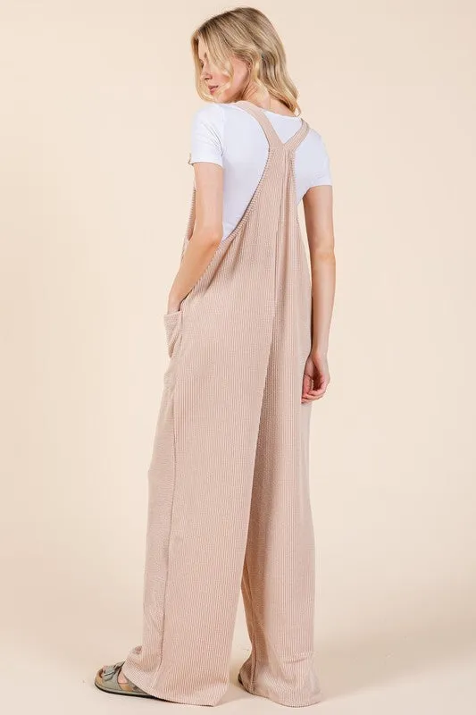Knot Straps Wide Leg Ribbed Overalls with Pockets in Dust Storm
