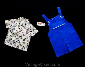Little Gent's 1960s Overalls & Shirt Set - Size 4 Toddler Summer Outfit - Toy Soldier Boys 60s Novelty Print Red Blue - Deadstock with Tags