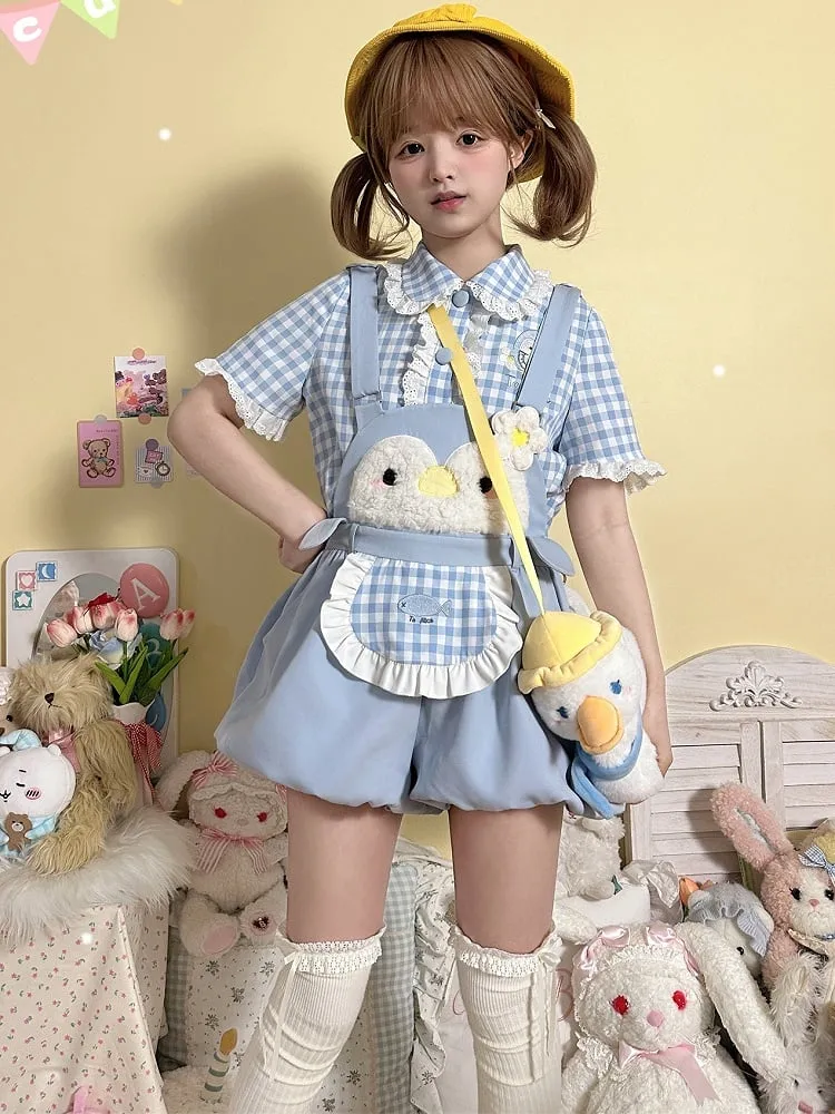Little Penguin Blue Sweet Overalls Bubble Shorts