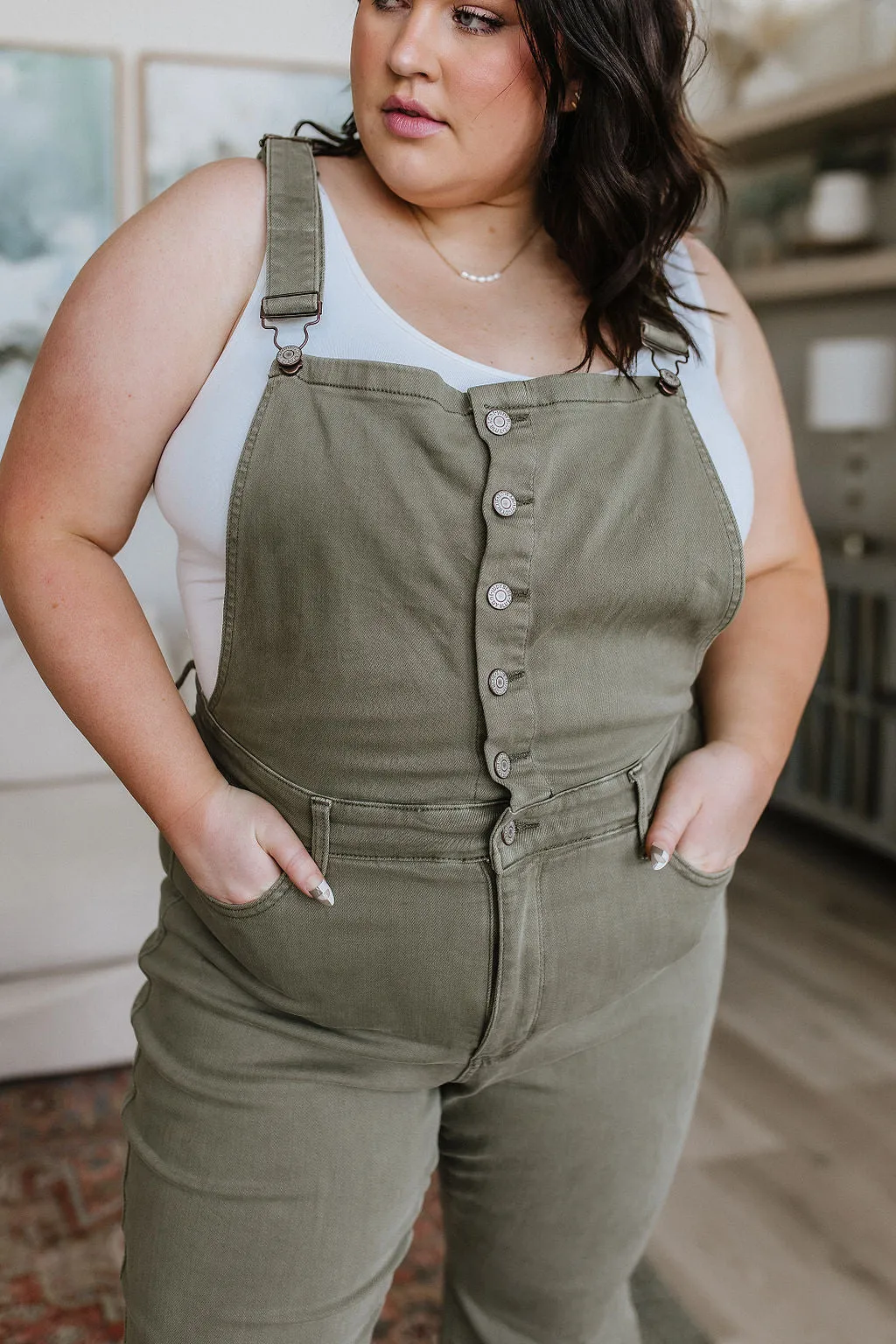 ONLINE EXCLUSIVE JUDY BLUE Olivia Control Top Release Hem Overalls in Olive