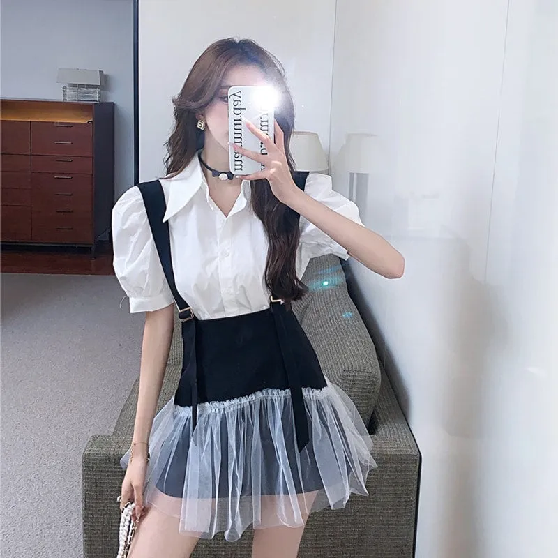 Puff Sleeve T-Shirt Tulle Overalls Skirt Two Pieces Set