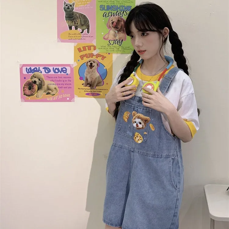 Summer Japanese Sweet Cool Girl Style Blue Cartoon Puppy Embroidered Overalls