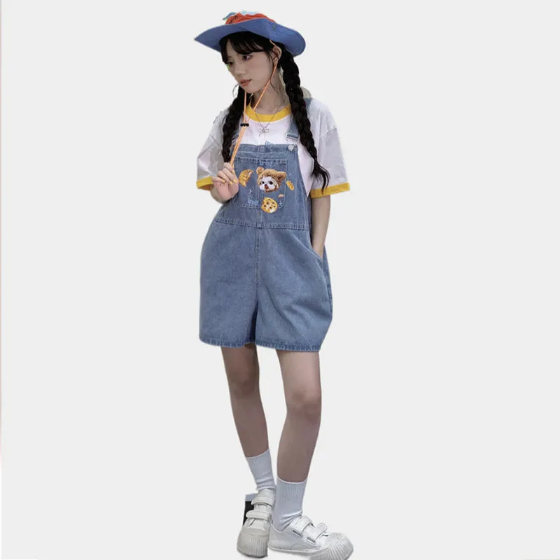 Summer Japanese Sweet Cool Girl Style Blue Cartoon Puppy Embroidered Overalls