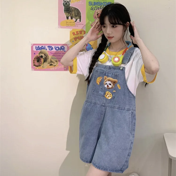 Summer Japanese Sweet Cool Girl Style Blue Cartoon Puppy Embroidered Overalls