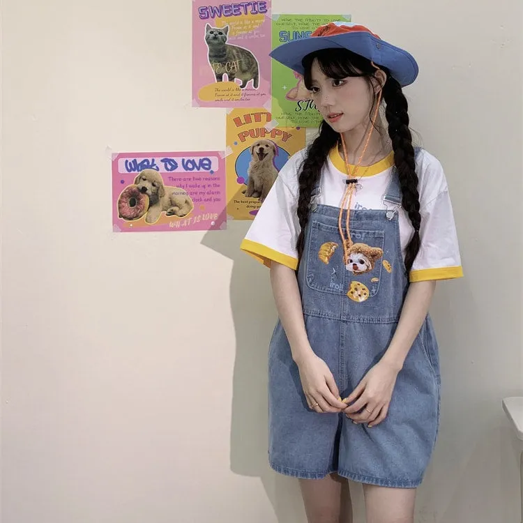 Summer Japanese Sweet Cool Girl Style Blue Cartoon Puppy Embroidered Overalls
