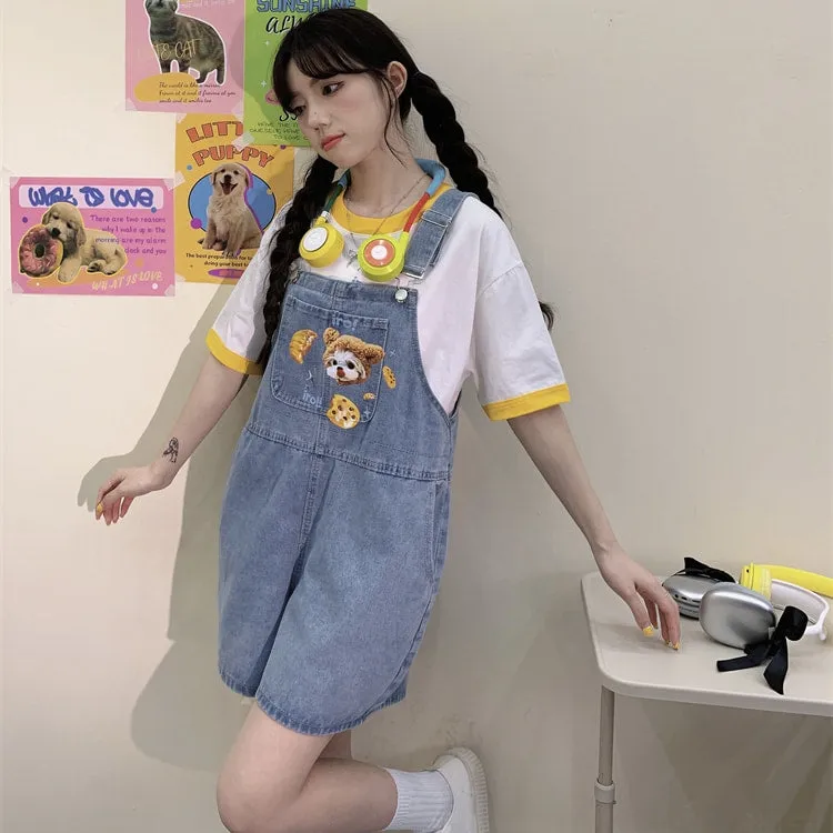 Summer Japanese Sweet Cool Girl Style Blue Cartoon Puppy Embroidered Overalls