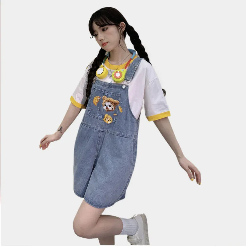 Summer Japanese Sweet Cool Girl Style Blue Cartoon Puppy Embroidered Overalls