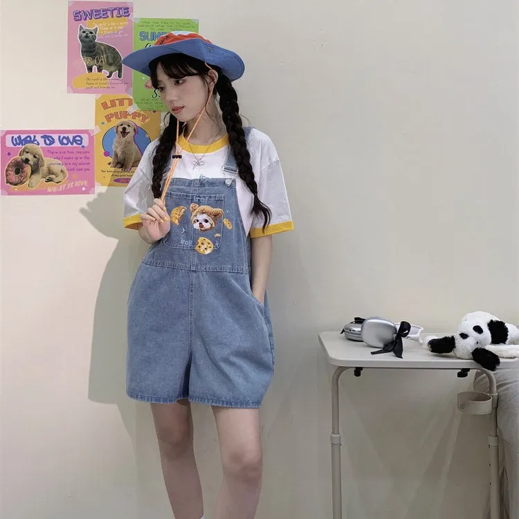 Summer Japanese Sweet Cool Girl Style Blue Cartoon Puppy Embroidered Overalls