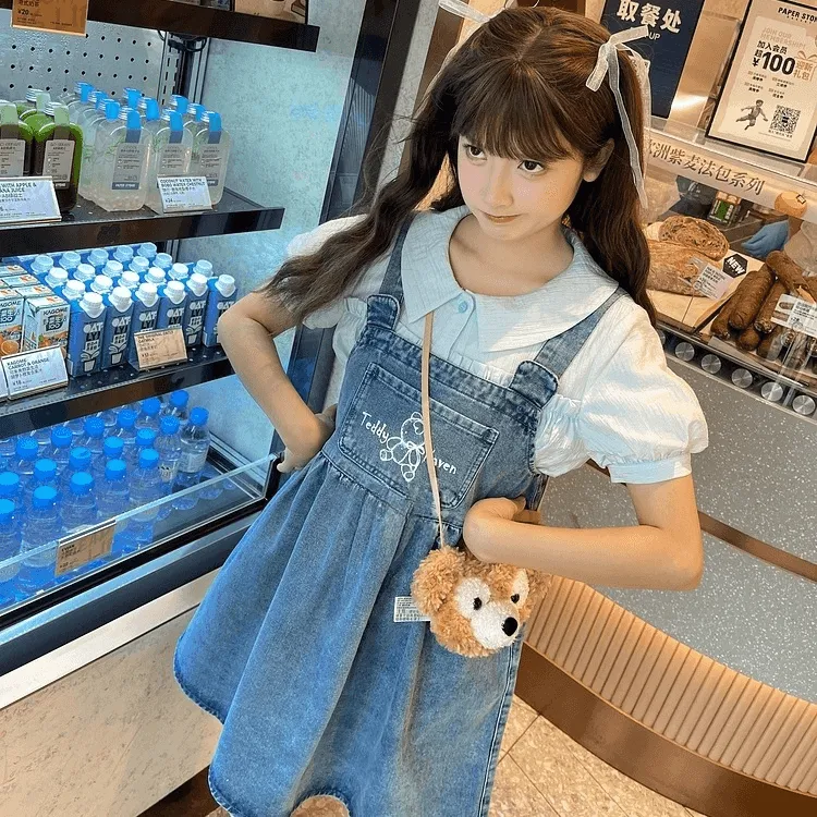 Summer Sweet Girl Style Cartoon Bear Print Denim Overalls Dress