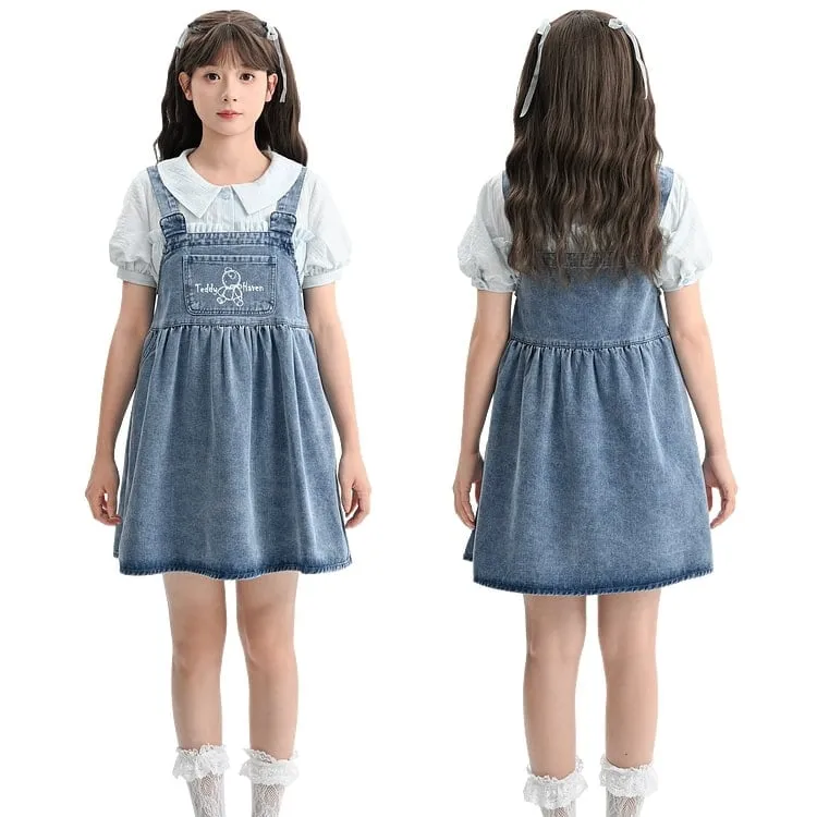 Summer Sweet Girl Style Cartoon Bear Print Denim Overalls Dress