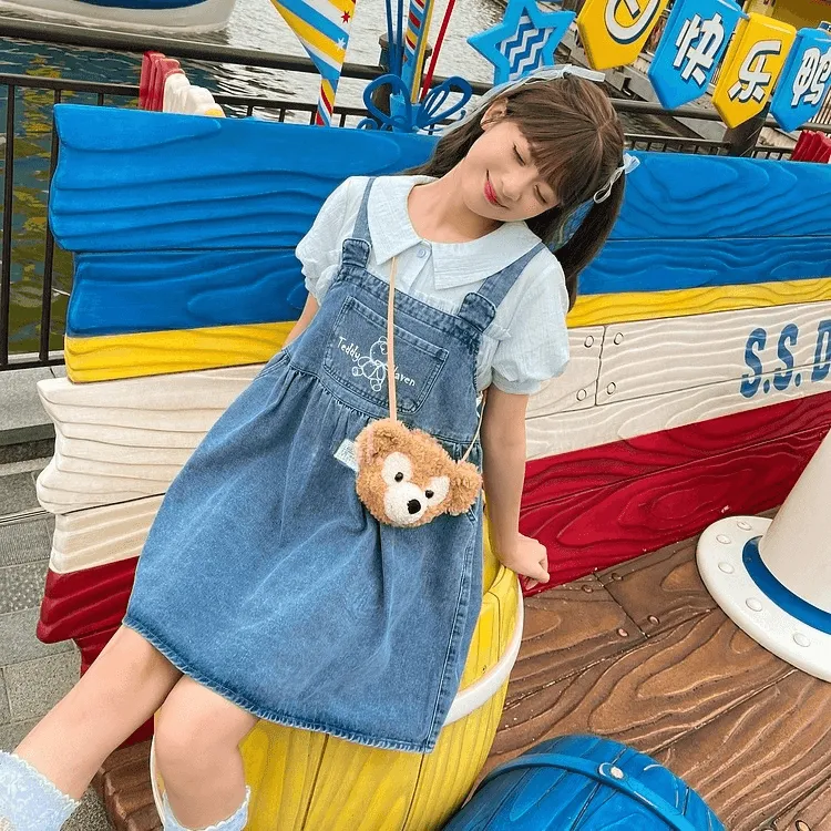 Summer Sweet Girl Style Cartoon Bear Print Denim Overalls Dress