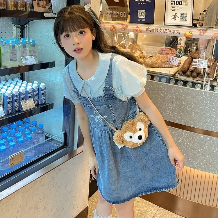 Summer Sweet Girl Style Cartoon Bear Print Denim Overalls Dress