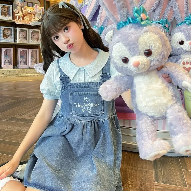 Summer Sweet Girl Style Cartoon Bear Print Denim Overalls Dress