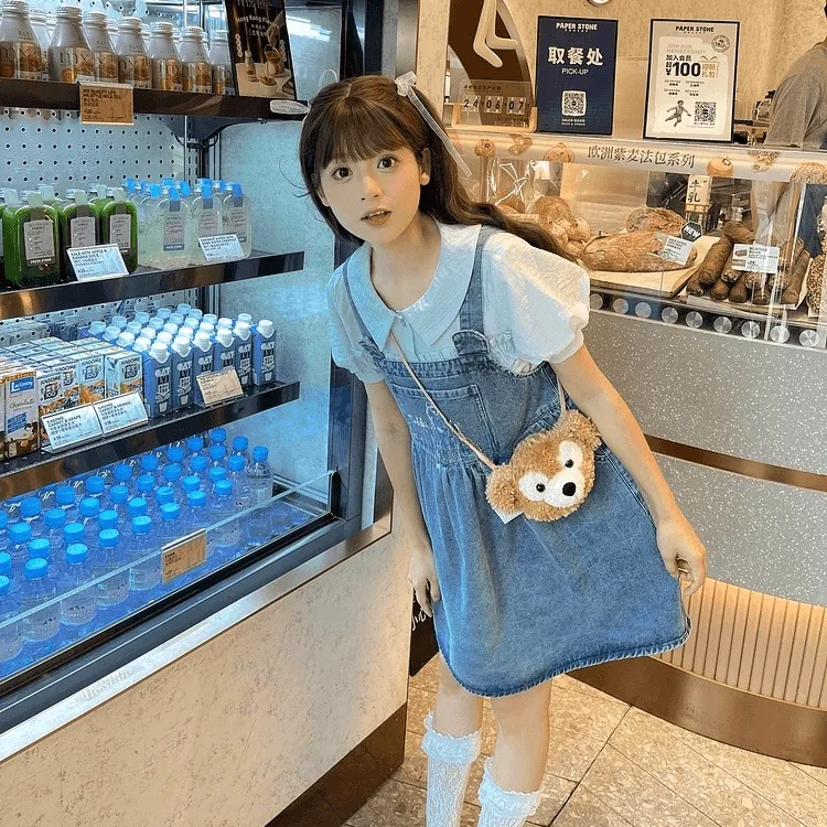 Summer Sweet Girl Style Cartoon Bear Print Denim Overalls Dress