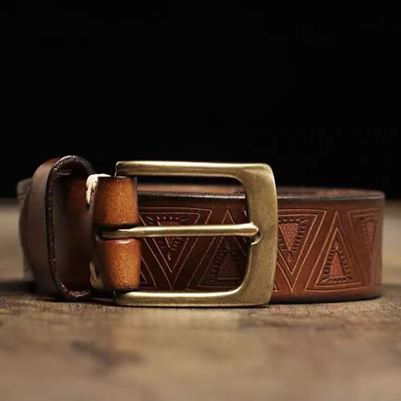 Western Triangular Embossed Pattern Leather Belt