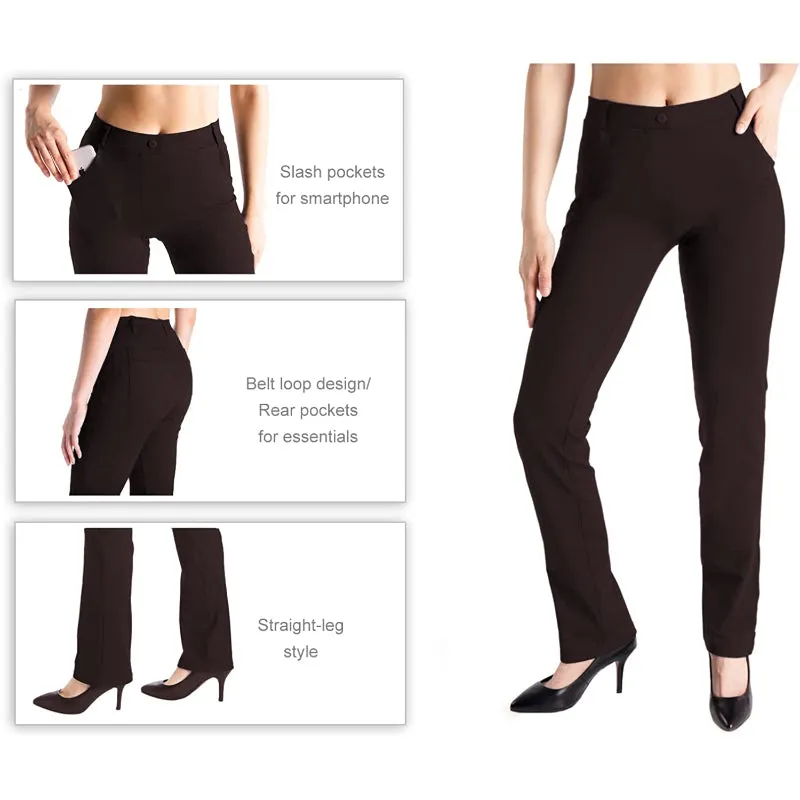 Women's Petite/Regular/Tall Straight Leg Yoga Dress Pants With Belt Loops With 2 Front & 2 Rear Pockets