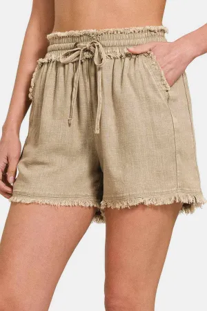 Zenana frayed hem linen shorts